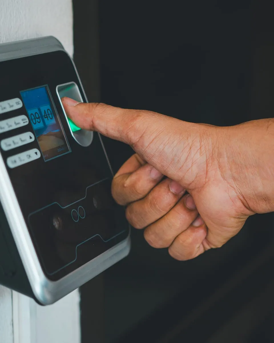 A commercial access-control reader in use at a Dallas-Fort Worth facility