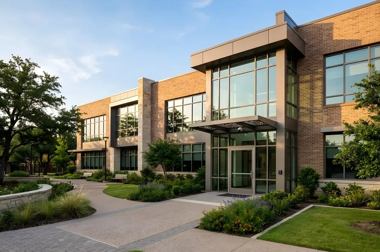 Modern private school campus building with a secure glass entrance in DFW