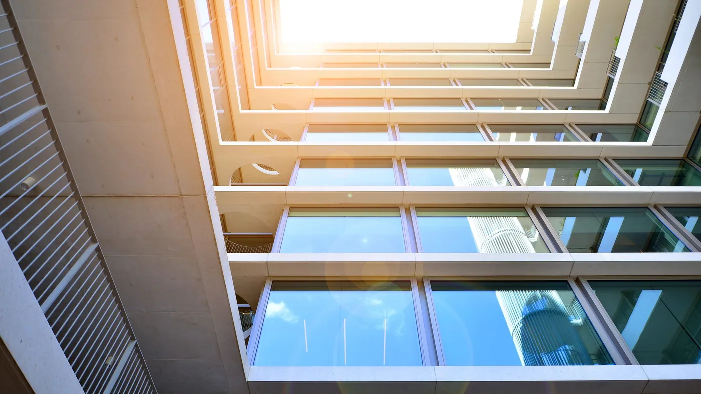 Glass atrium and facade of a commercial building