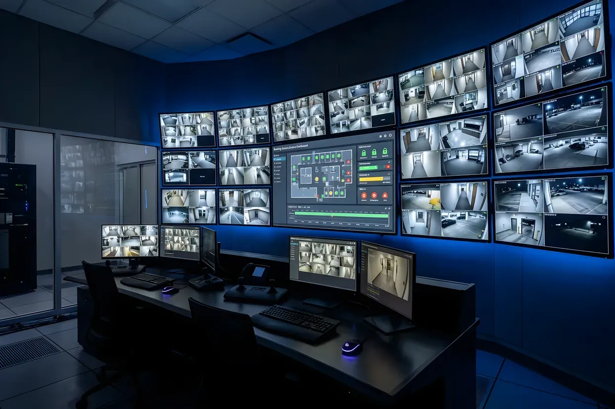 Security monitoring room with surveillance feeds and an access-control dashboard